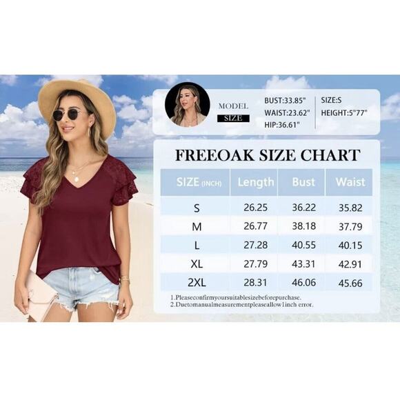 FREEOAK Summer Tops Double Lace Sleeve Shirt Size XL Red wine In Color - Picture 4 of 4